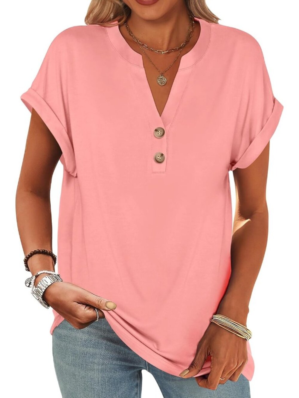 Women's Coral Summer Short Sleeve Henley V Neck Dressy Fashion Top Blouses